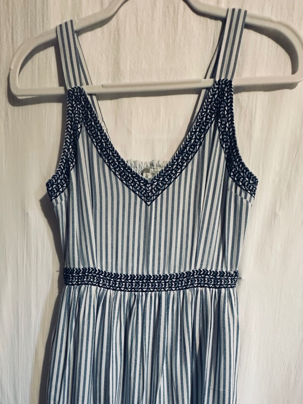 M Japan white mini dress with blue stripes and embroidery